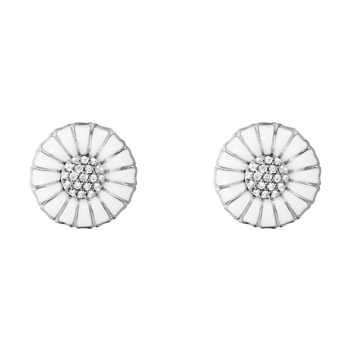 DAISY Örhänge Silver RH WHITE ENAMEL 11MM Diamant PAVÉ 0.10 ct