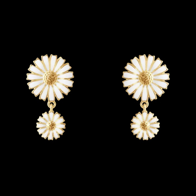 DAISY Double Örhänge Silver guldpläterad WHITE ENAMEL 13mm/8mm