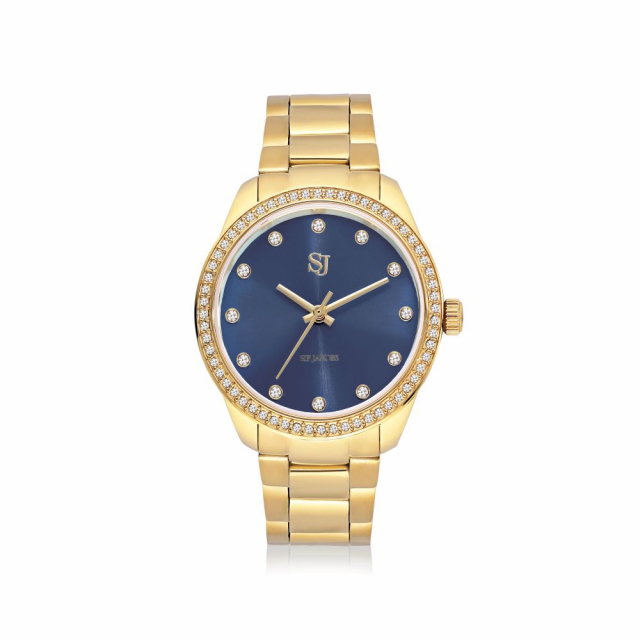 Valeria - Guldpläterad rostfritt stål med mörkblå sunray urtavla och vita zirkoner Klocka