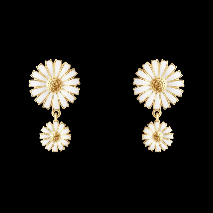 DAISY Double Örhänge Silver guldpläterad WHITE ENAMEL 13mm/8mm